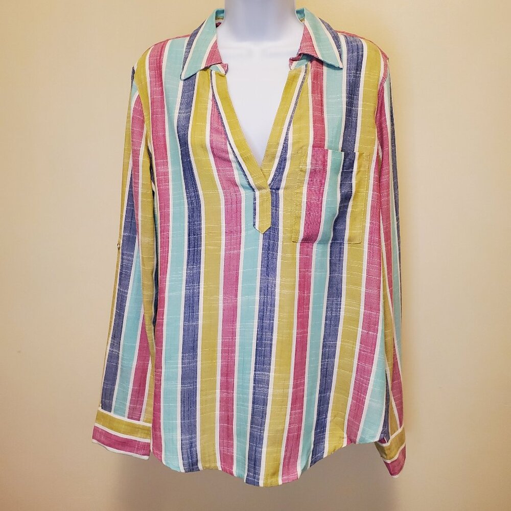 Soho NY&Co Jeans Long Sleeve Multi-Color Striped Pullover Button Back Top - (M)